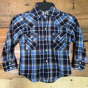 Boy's Ely Cattleman‎ Long Sleeve Plaid Western Snap Shirt Size 4 Blue w Red